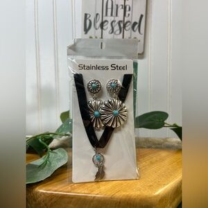 Necklace Faux Silver Concho Choker & Silver Turquoise Drop Earrings Western